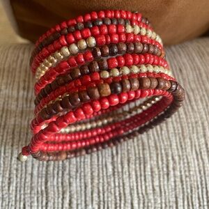 Retro BoHo Beaded Wrap Bracelet Brown, Red and Cream Colors Wire  And Earrings